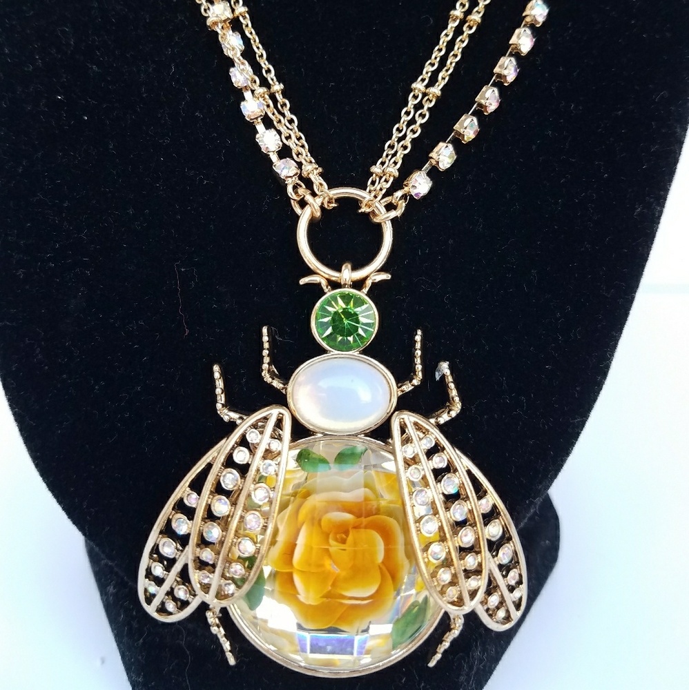 Betsey Johnson Luminous Betsey Yellow Rose Flower Lucite Beetle Bug Necklace